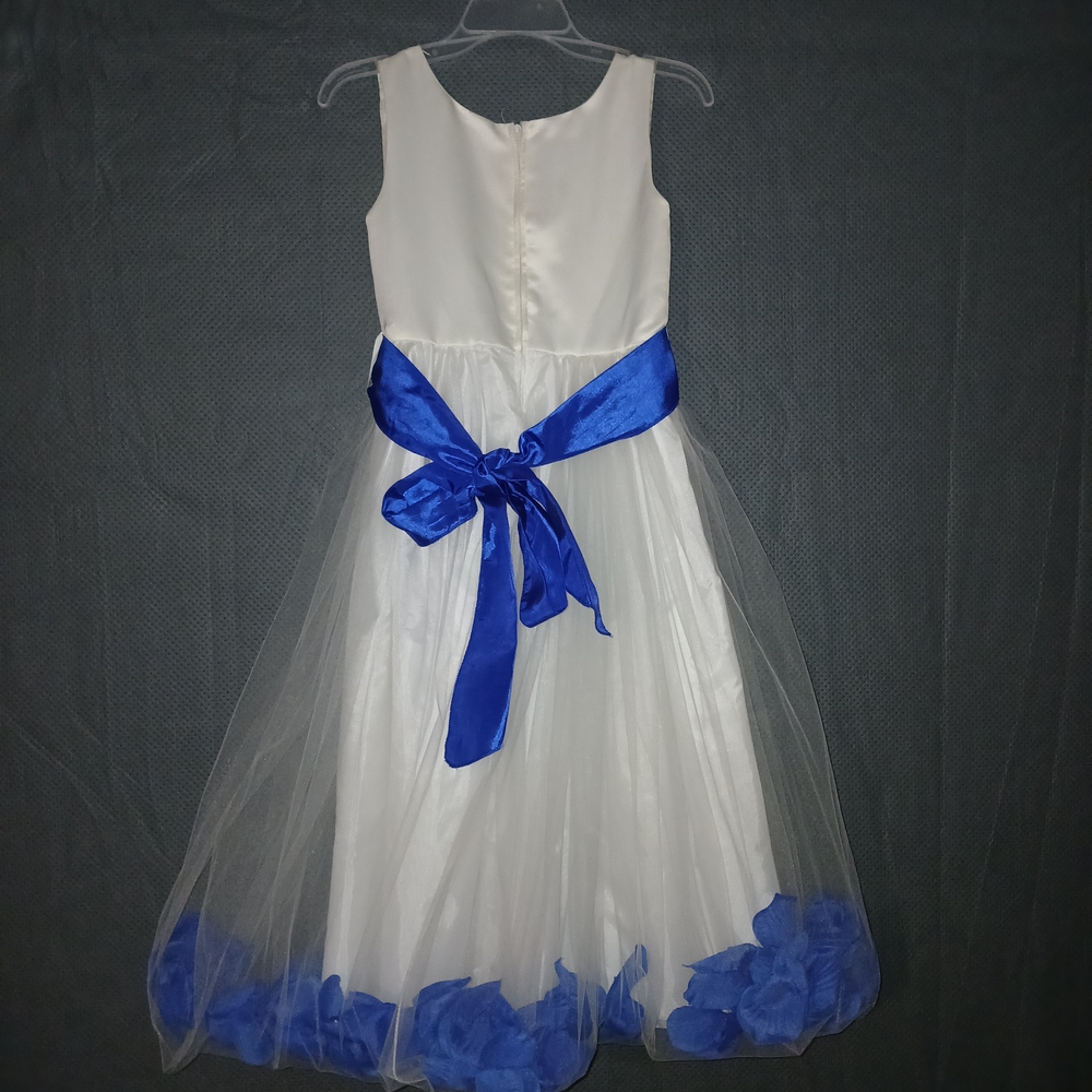 Flower Girl Dress, White with Blue Petals